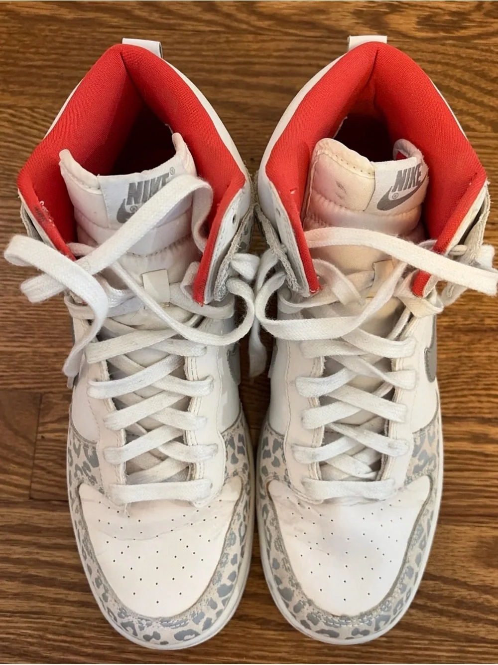 Nike White High-Top Sneakers with Coral Lining and Gray Leopard Accents - Picture 5 of 7